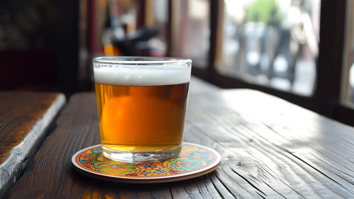 Una cerveza encima de un posavasos en un bar